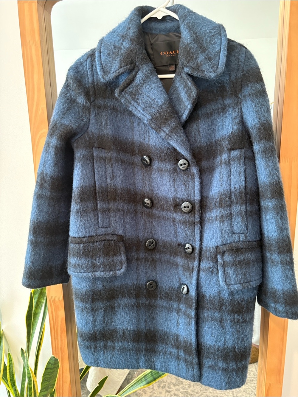 Coach Gray Fuzzy Wool Blend Coat with Orange Logo Detail